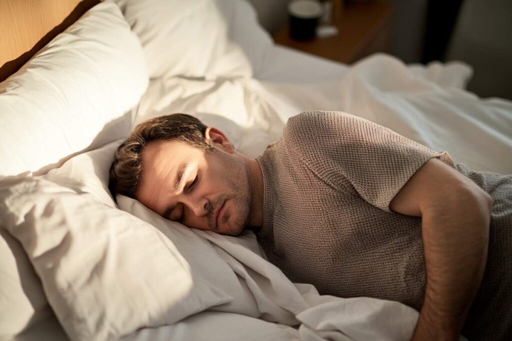 Un homme qui dort dans un lit