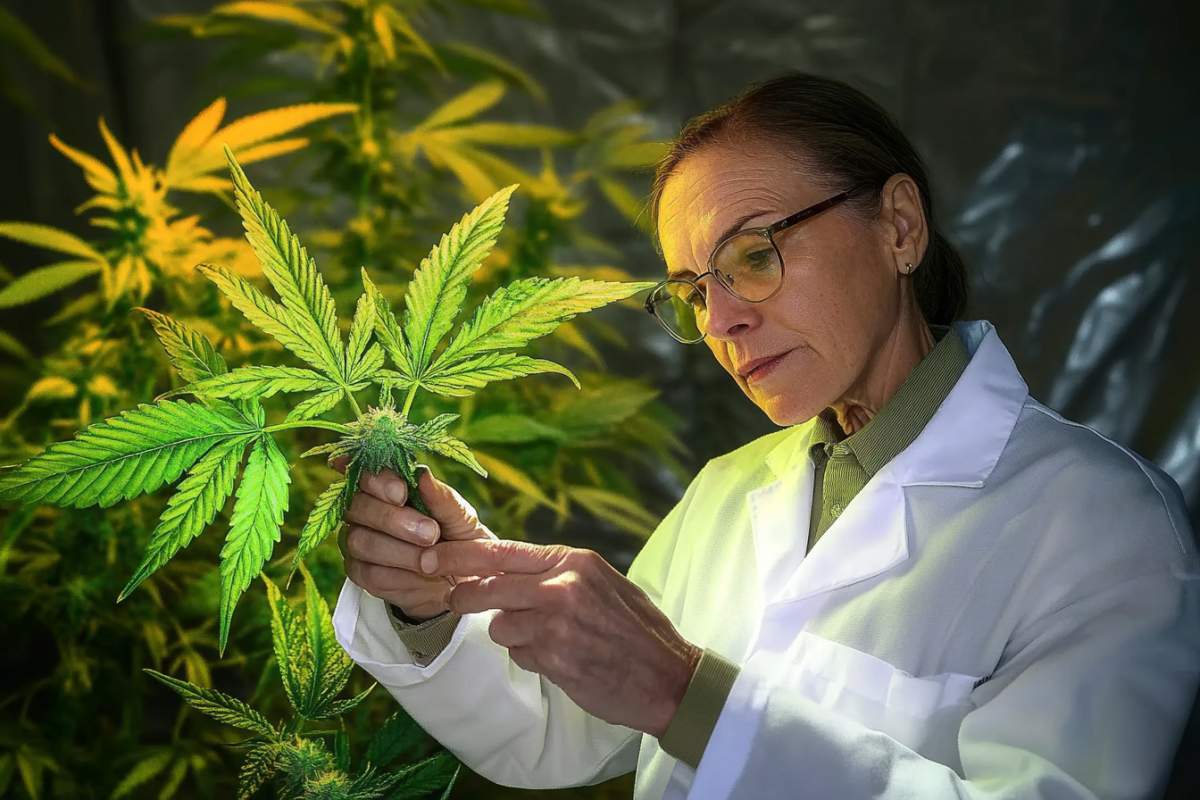 Un scientifique examinant une feuille de CBD